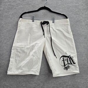 Fox Men Swimwear S‎ White Board Shorts Logo Script Surf Activewear Drawsstring